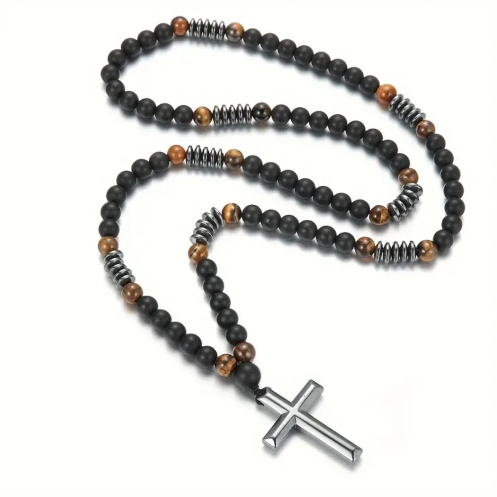 8mm Black Obsiden & Tiger Eye Natural Stone Bead Necklace & Cross  for Men/Women